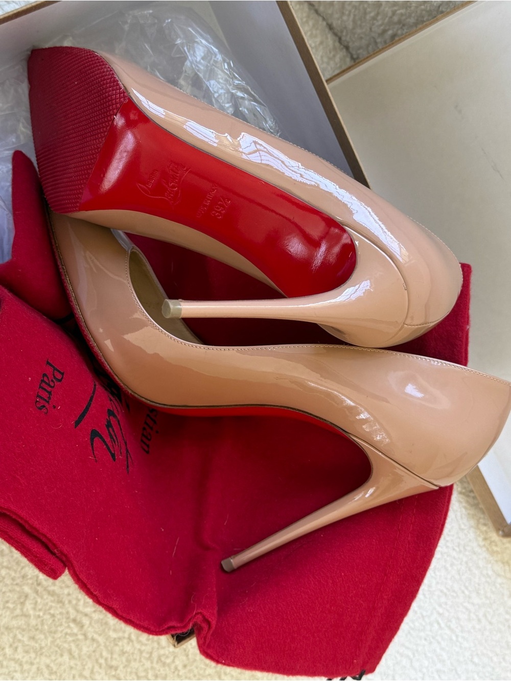 Christian Louboutin Nude Patent Leather Stiletto Pumps with Red Soles